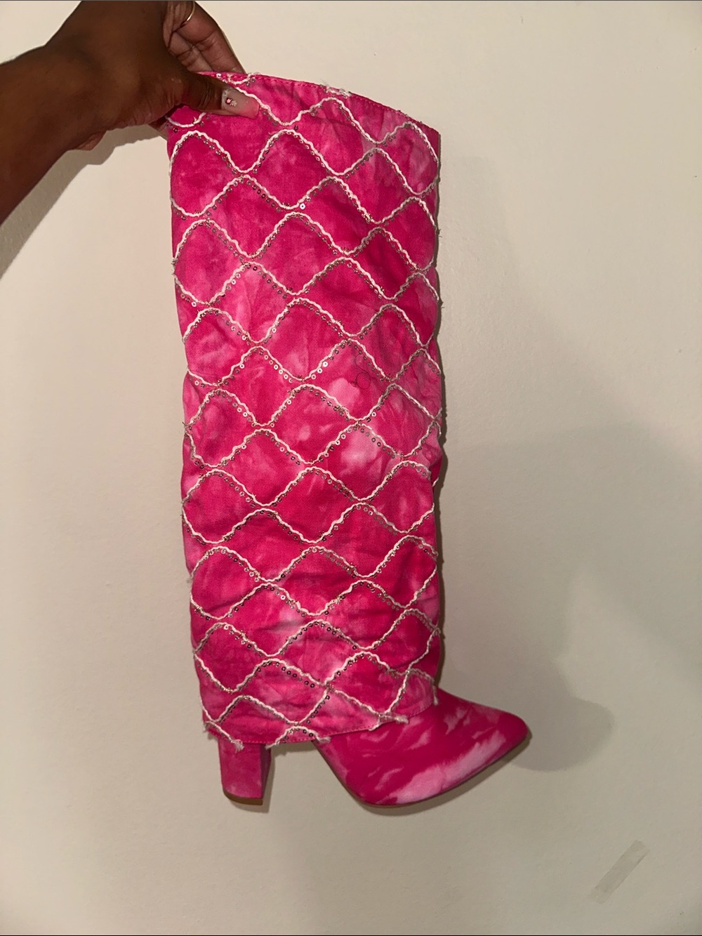 High Pink Patterned Block Heel Boot